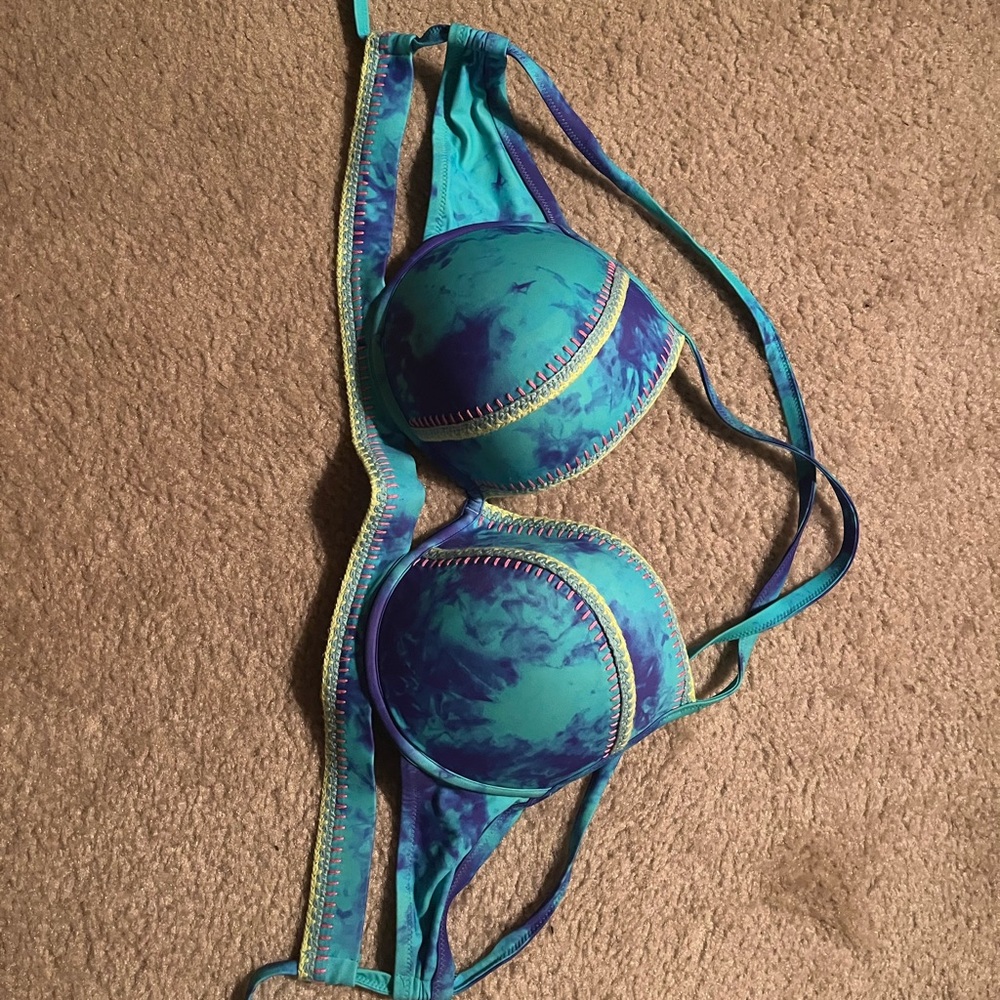 Vibrant Blue and Green Women's Swim Top 38 DD